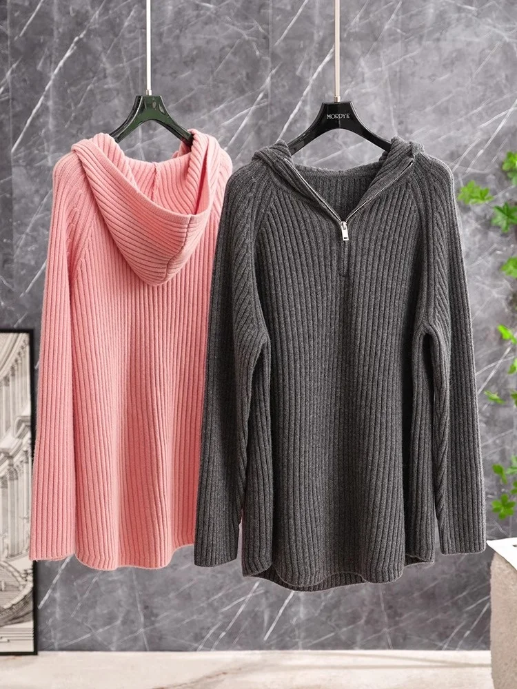 

100% Wool Lazy Shape Half Open Zipper Hooded Striped Sweater Women's Autumn Winter Knitted Wear Inner Commute Style Long Sleeve