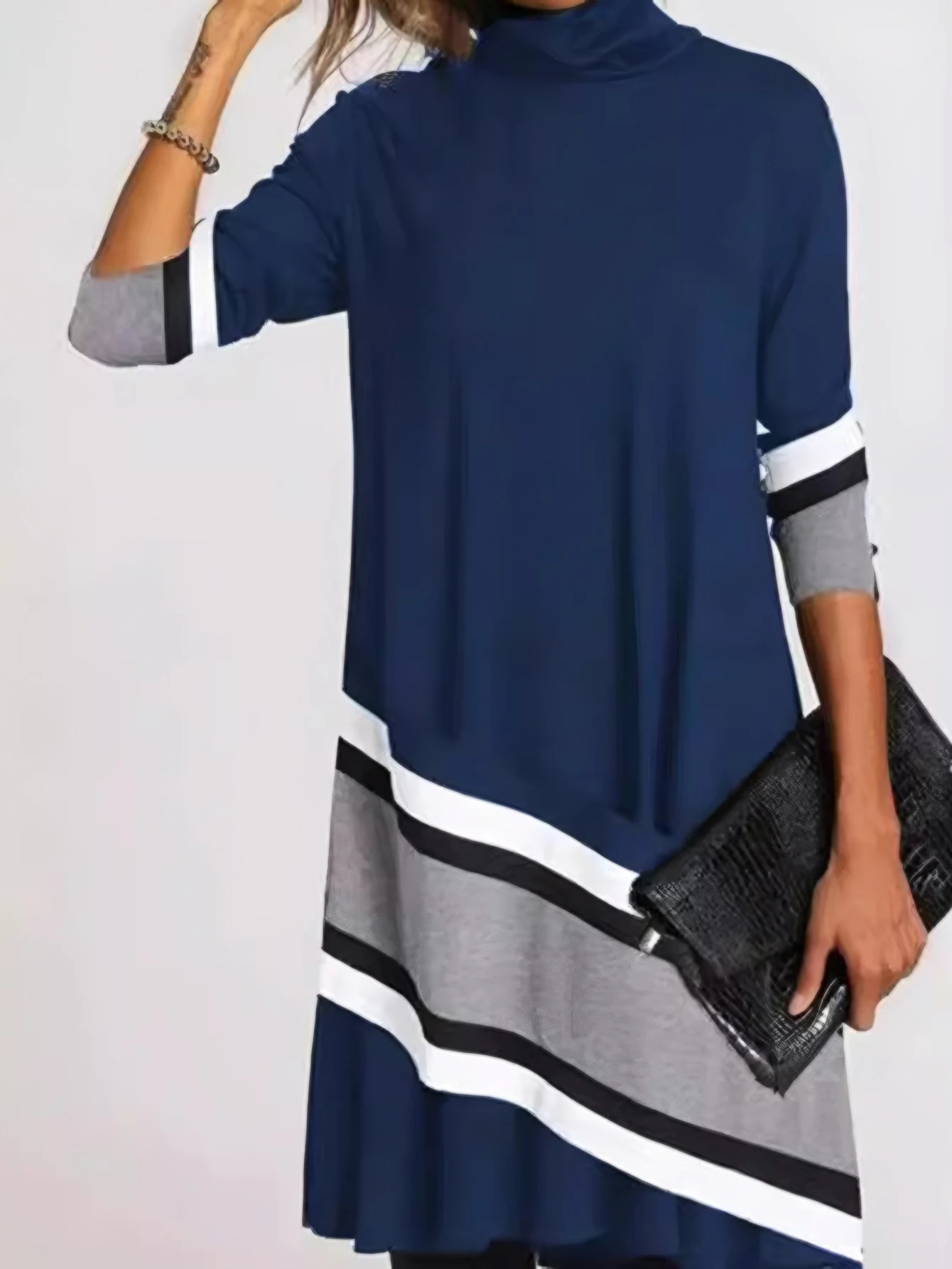 Elegantes Damen-Minikleid mit Stehkragen, Herbststreifen, langärmelig, französischer Stil, anständige Partykleidung