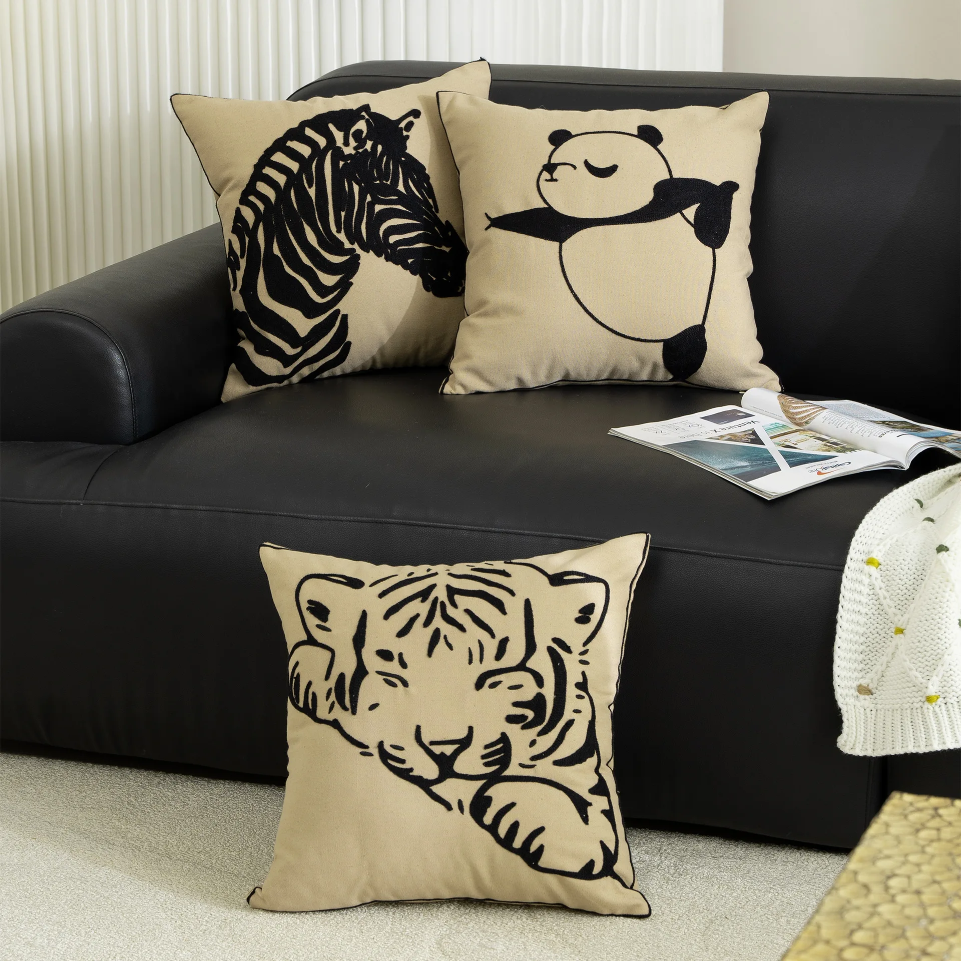 Vintage Embroidered Animal Cushion Cover 45x45cm Puppy Horse Panda Bunny Zebra Home Decoration Pillow Cover for Sofa Couch Chair