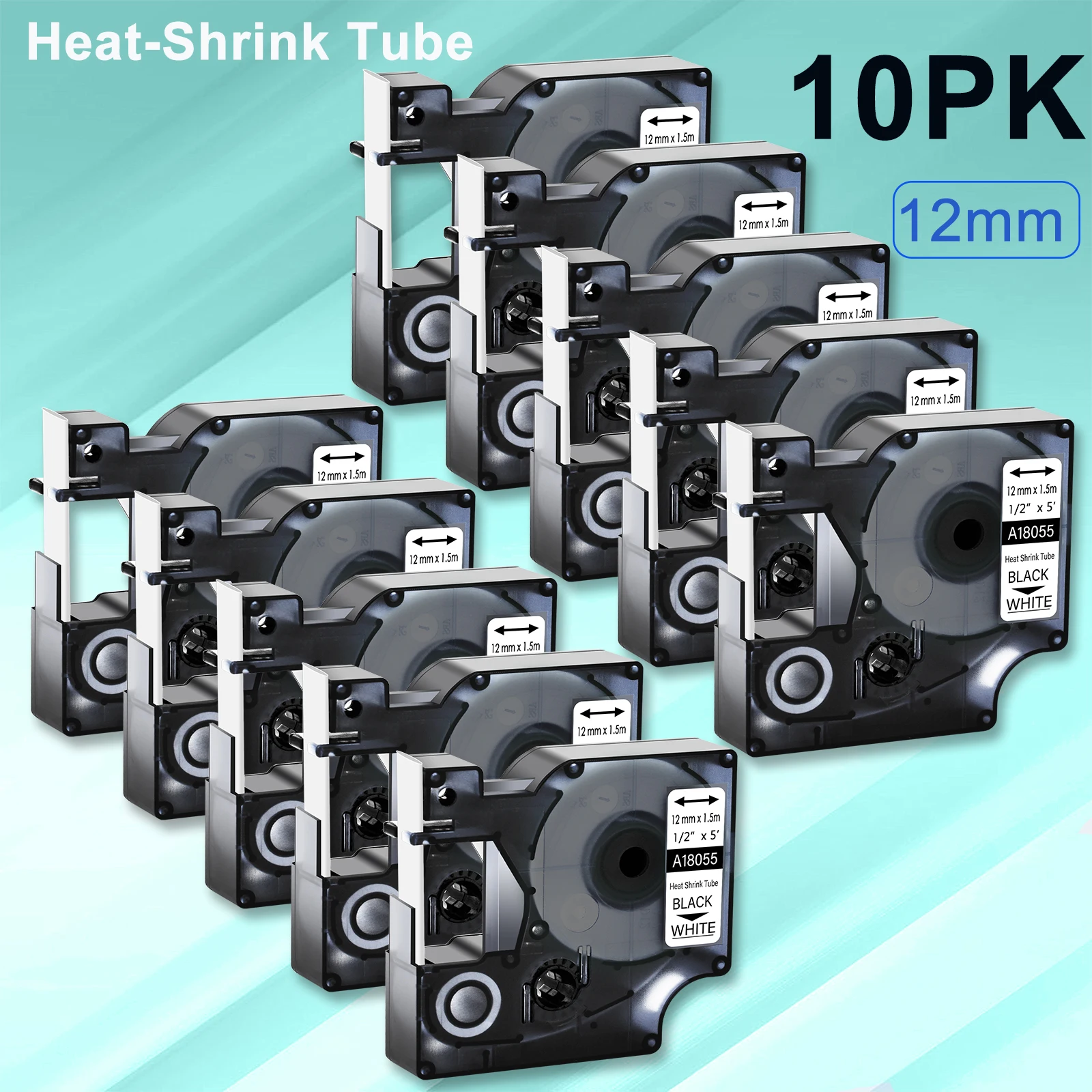 10Pcs 12mm Heat-Shrink Tube Label Compatible for Dymo A18055 Rhino 4200 5000 Label Printers Black on White Industry Label Tape