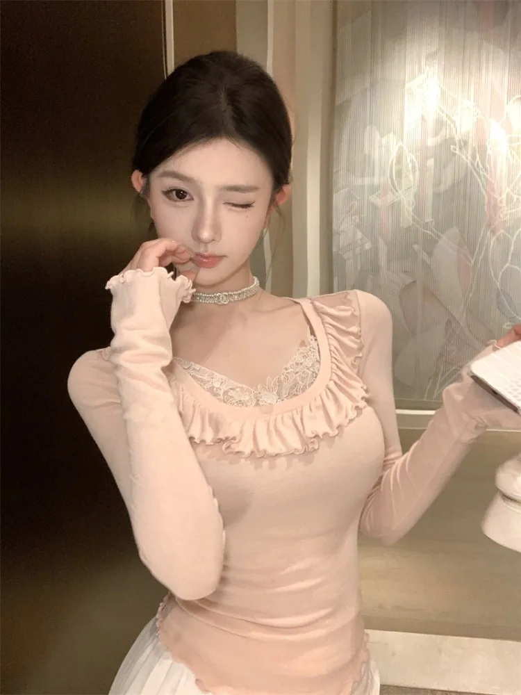 

Women's Lace Trim Blouse Long Sleeve Short Style Slimming Effect T-Shirt Korean Style Commute Fashion Summer Autumn New Arrival