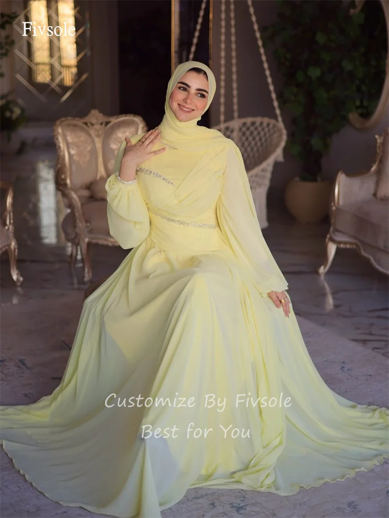 Fivsole イエロー ハイネック ビーズ A ライン プロムドレス シフォン 長袖 イード パーティー ドレス フロアレングス イブニング ドレス カスタマイズ