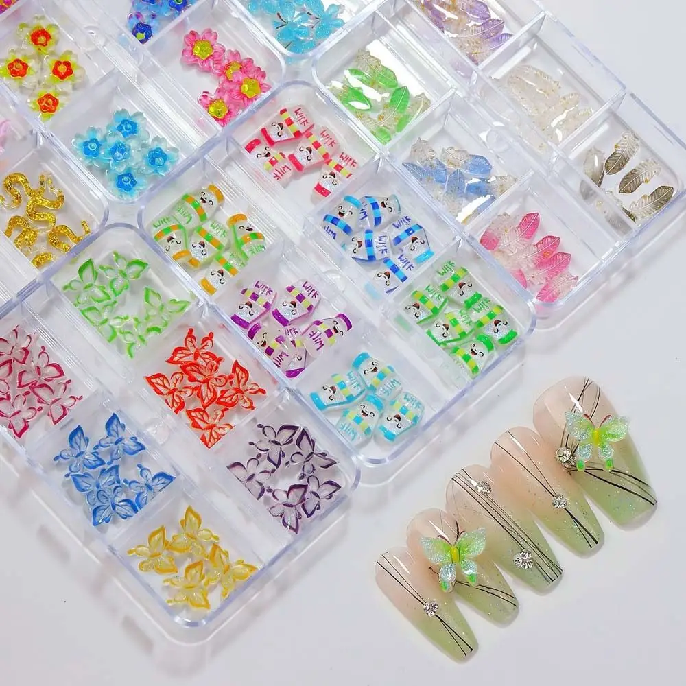 6Grids Manicure Material Flowers Nail Decorations Nail Supplies Snake Shaped Butterfly Nail Accessories Mixed Color Nail Charms