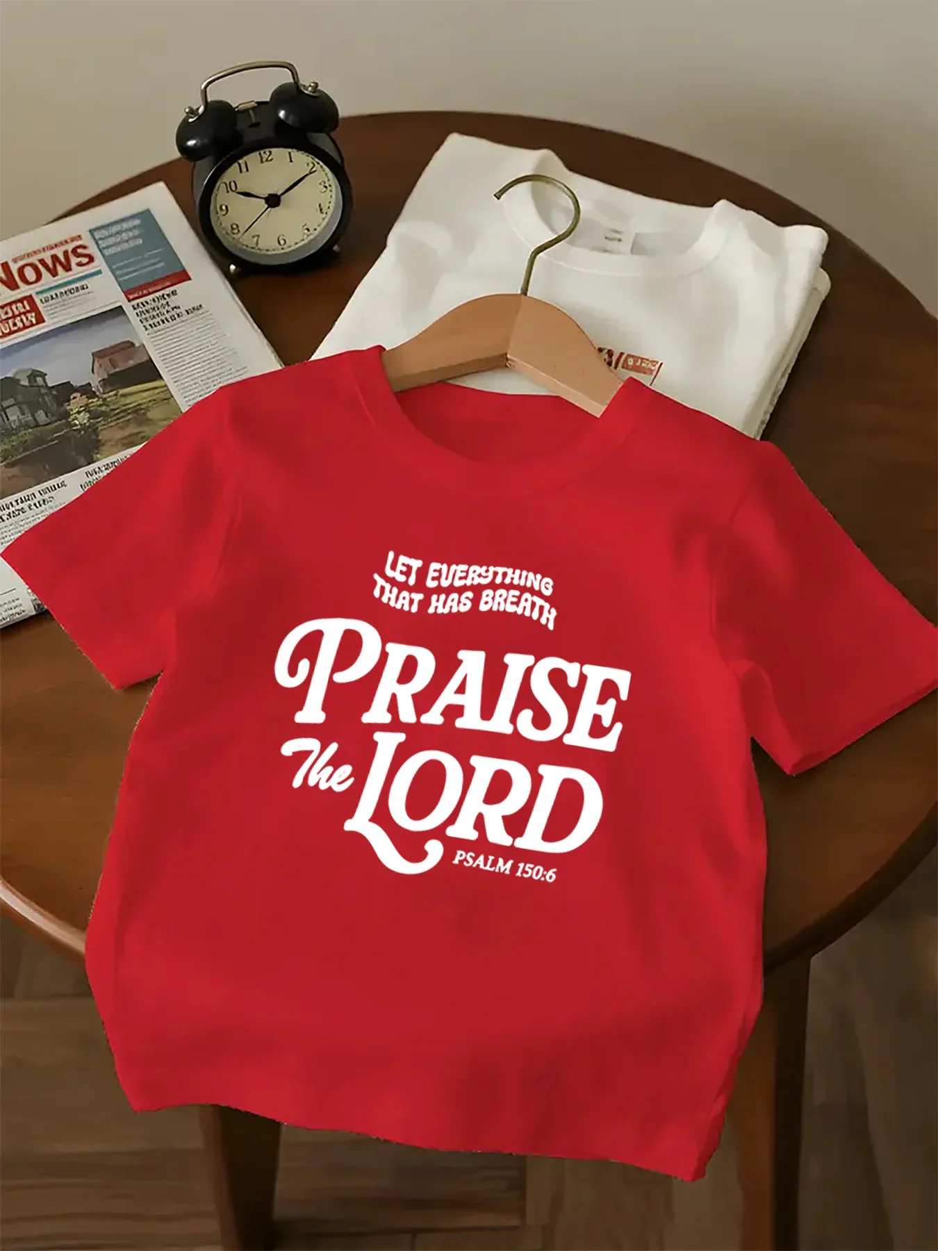 Children Red Casual T Shirt Christian Praise The Lord Bible Verse Text Pattern Print Short Sleeve Kids Faith Trendy Summer Top