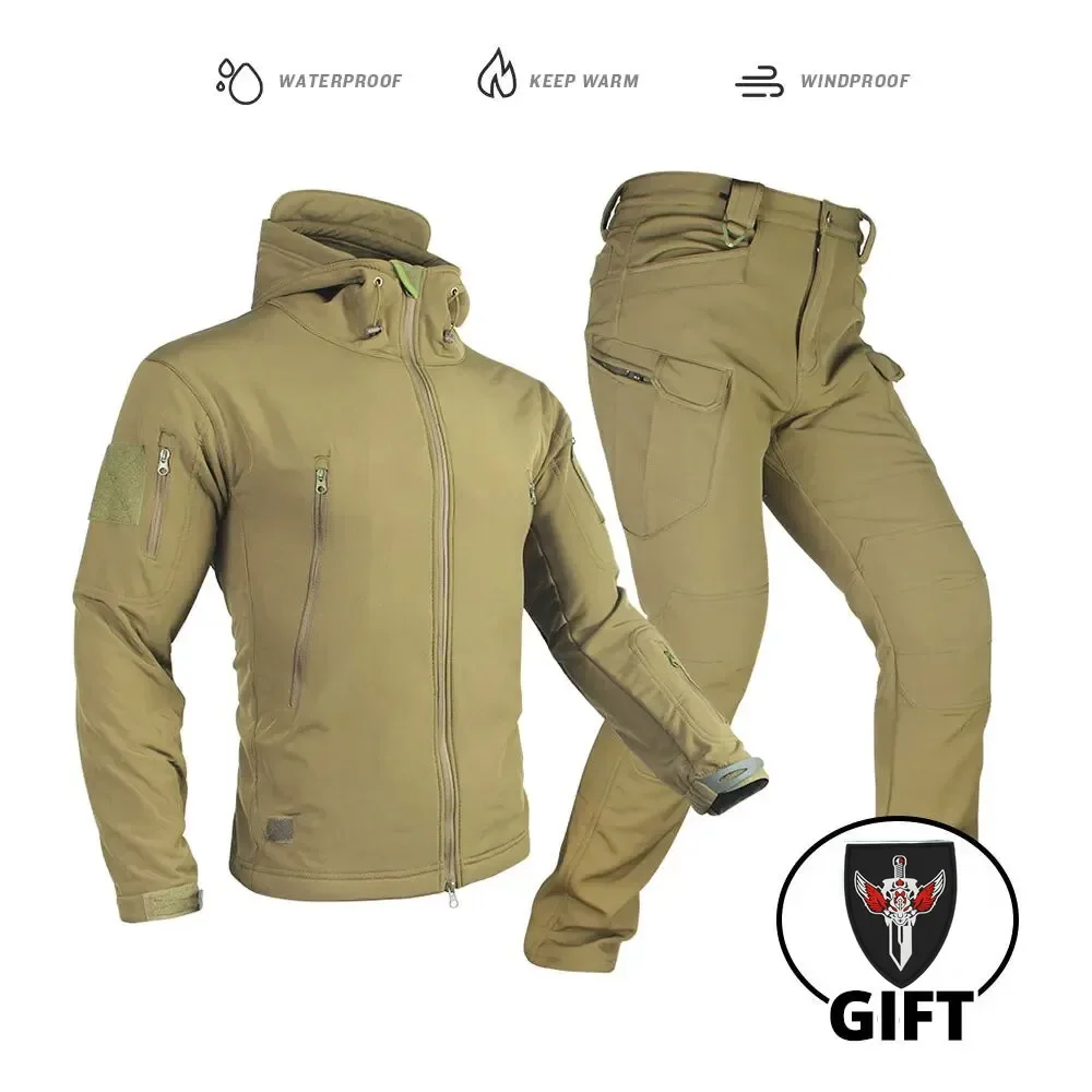 Chaqueta de tormenta de piel de tiburón para hombre, ropa gruesa y suave para invierno, impermeable, ropa de senderismo de Cachemira, conjunto de dos piezas para pesca, chándales