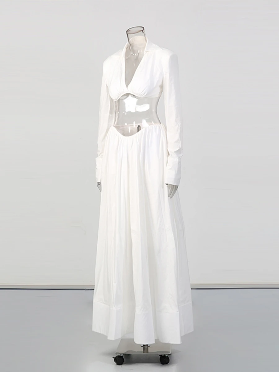 CHICEVER-Conjunto de dos piezas con pliegues empalmados para mujer, camisa de manga larga con cuello de pico, falda minimalista para vacaciones, moda nueva