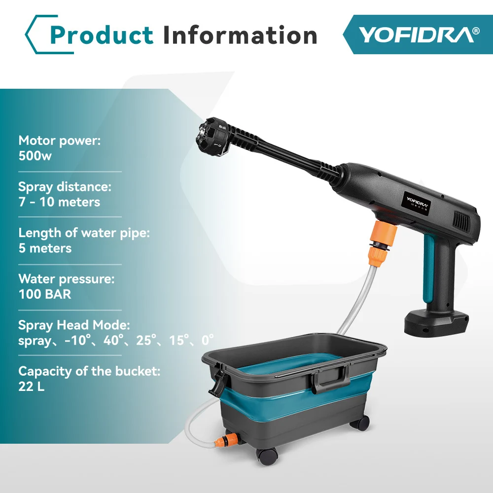 YOFIDRA 100Bar Electric Water Spray Gun With 22L Foldable Water Bucket 6 IN 1 Garden Car Washing Machine For Makita Battery Pin