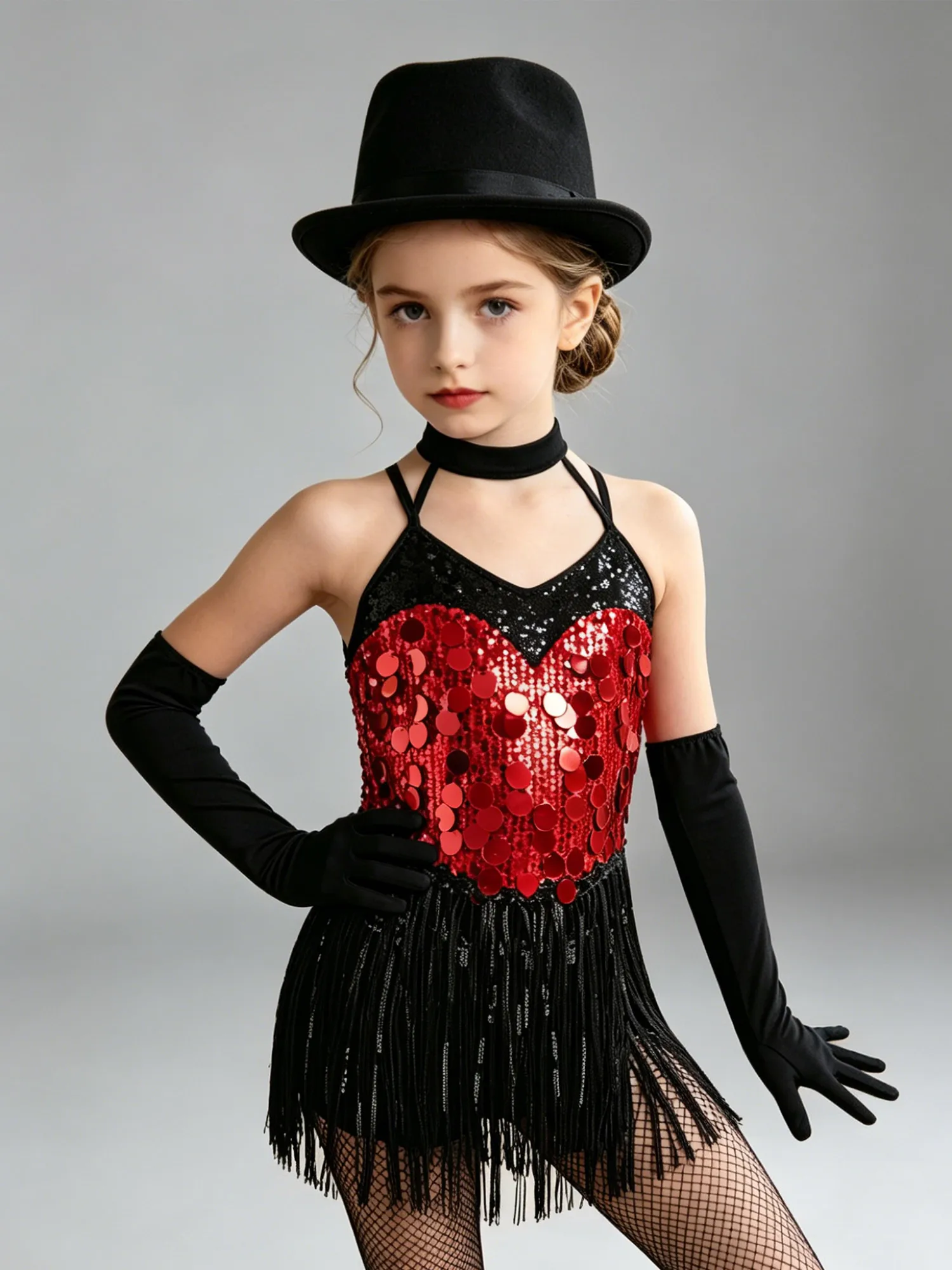 

Kids Girls Sequin Tassels Latin Jazz Dance Dress 70s Disco Performance Costume Halter Sleeveless Strappy Fringe Dress And Gloves
