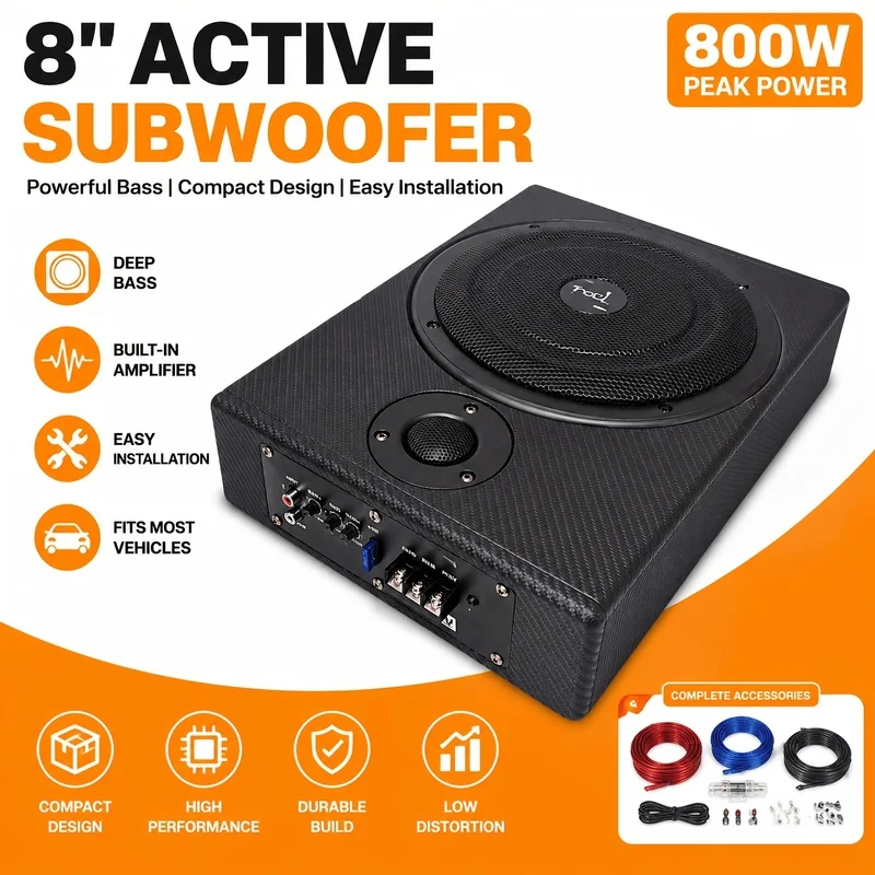 8Inch under-seat mounted car subwoofer Built-in amplifier Ultra-thin active car subwoofer Easy-to-install car audio system
