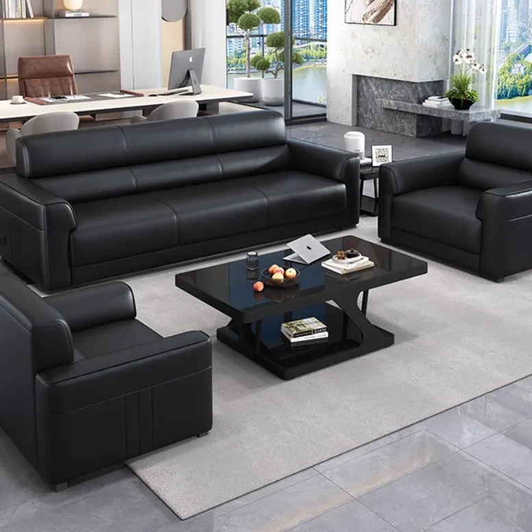Business reception genuine leather office sofa new Chinese three-person coffee table combo set