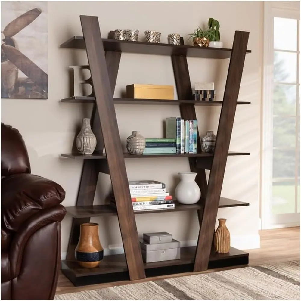 

5-Tier Geometric Display Shelf in Classic Comfort and Contemporary Walnut Brown Finish for Living Rooms, Hallways, and Entryways