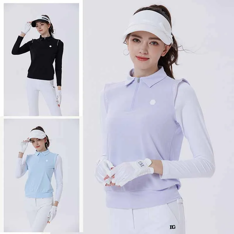 Blktee Spring Autumn Golf Polo Shirts Women Zipper Collar Long-sleeved Fashion Tops Ladies Fake Two Pieces Sports T-Shirts