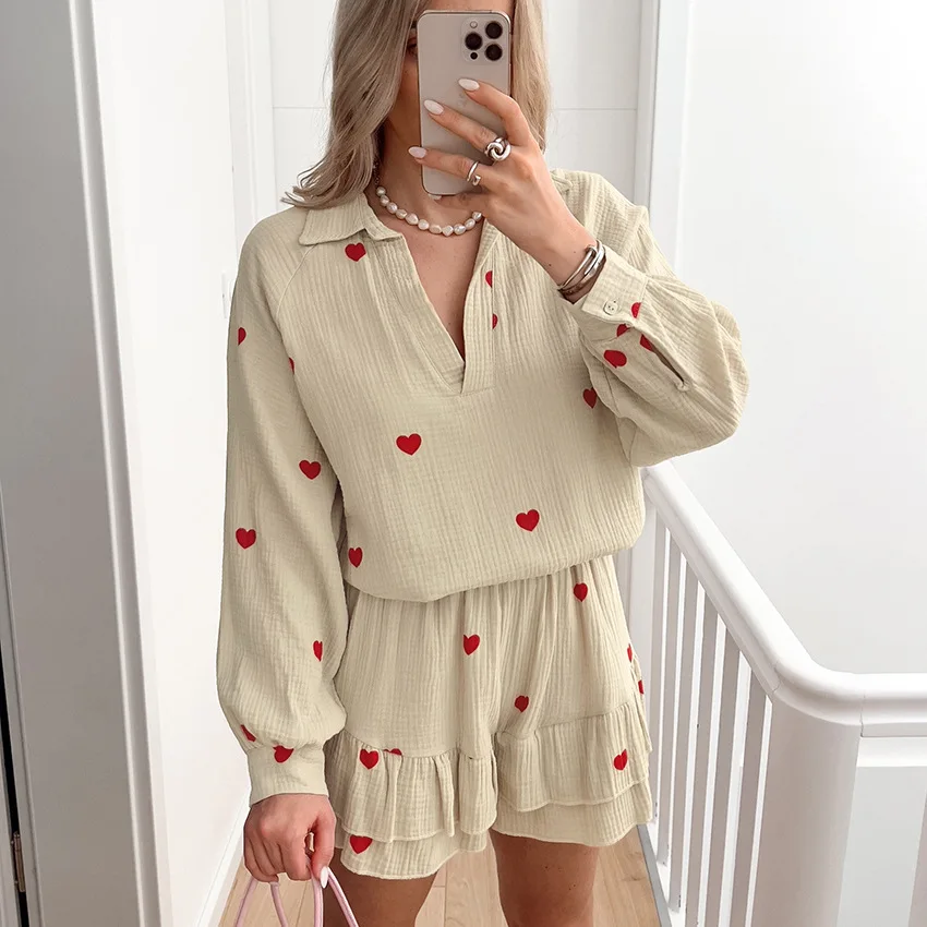 Casual Wide Leg Shorts With Turn Down Collar Shirts 2 Piece Set 2026 Pajamas Woman Summer Cotton Heart Print Sleepwear Suits