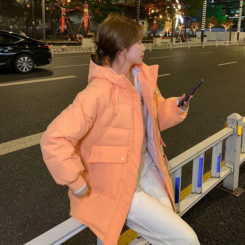 Winter Solid Women Warm Hooded Puffer Coat Casual Loose Zipper Down Cotton Parkas for Female Loose Outwear Cotton Padded Jacket