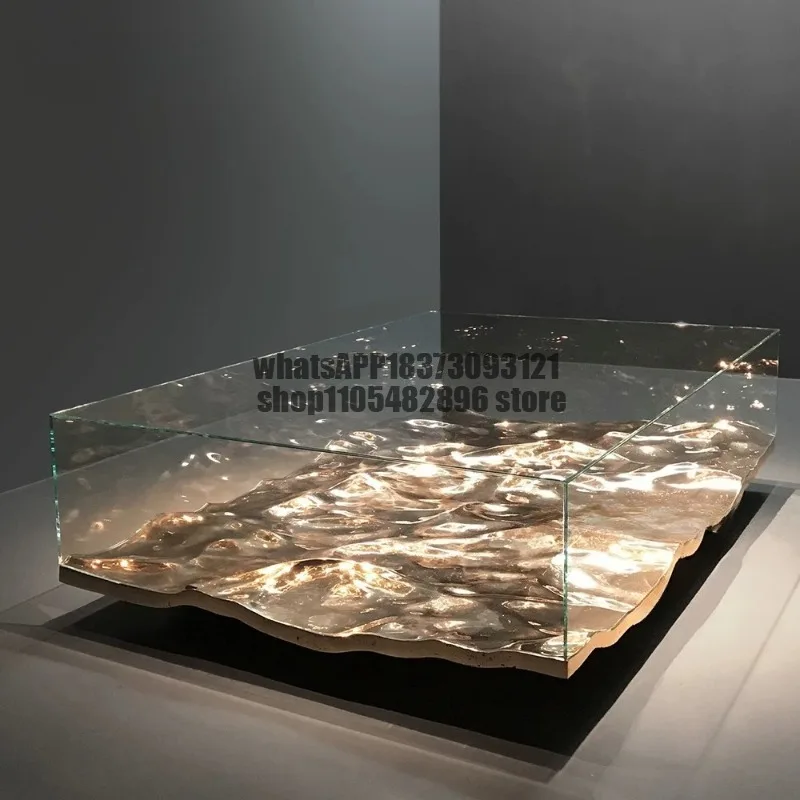 Wabi Sabi designer fiberglass coffee table modern creative water ripple transparent irregular glass coffee table