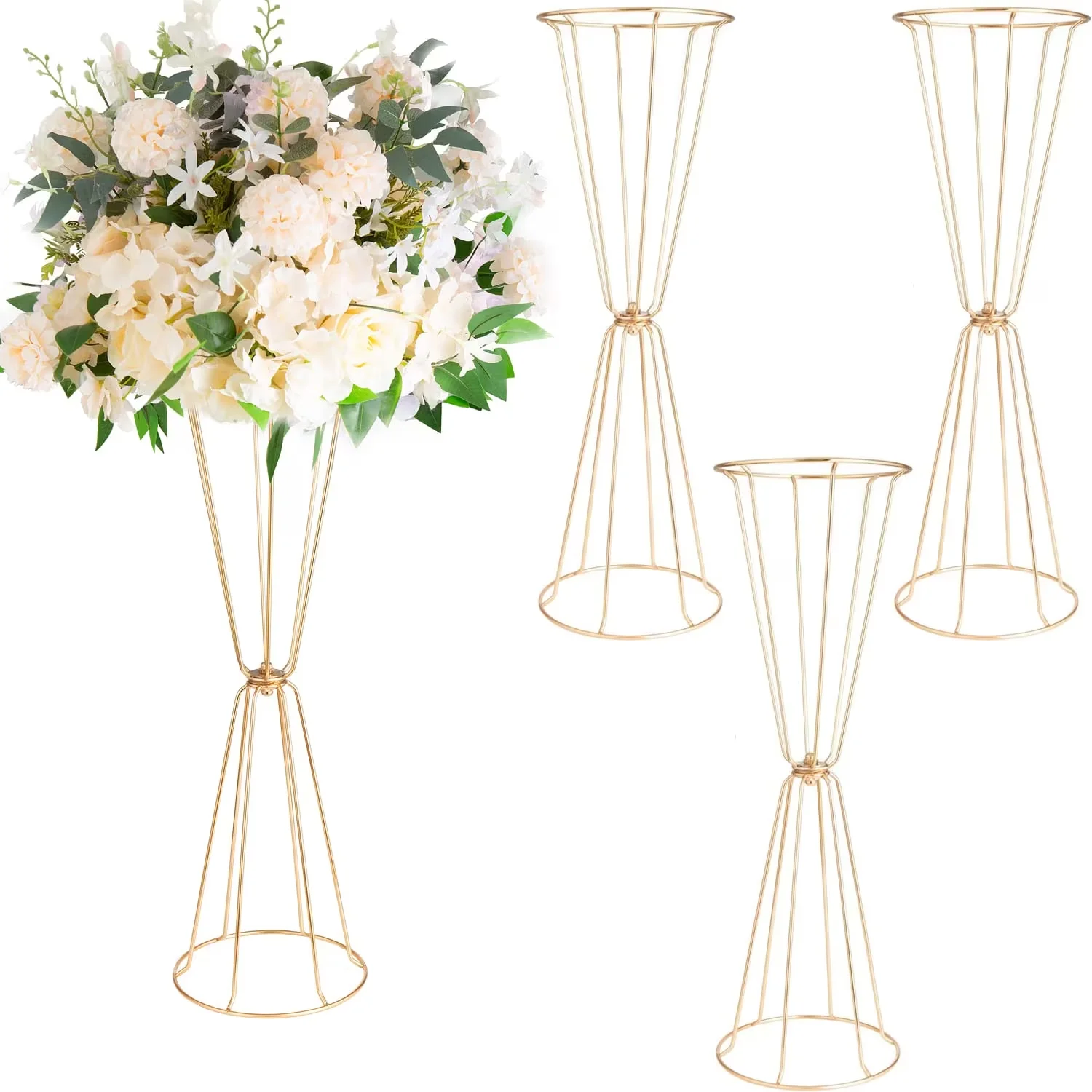 4Pcs / 10Pcs Golden Vases for Wedding Geometric Metal Flower Stand for Tables Bulk, Trumpet Vases for Centerpieces Party Decor