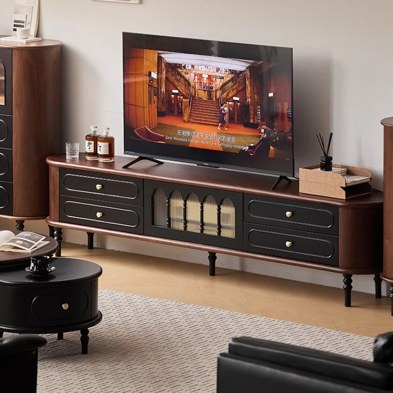

Retro Solid Wood Design Standing TV Cabinet Living Room Storage Black Coffee Table Floor-standing Dark Fireplace Home Furniture