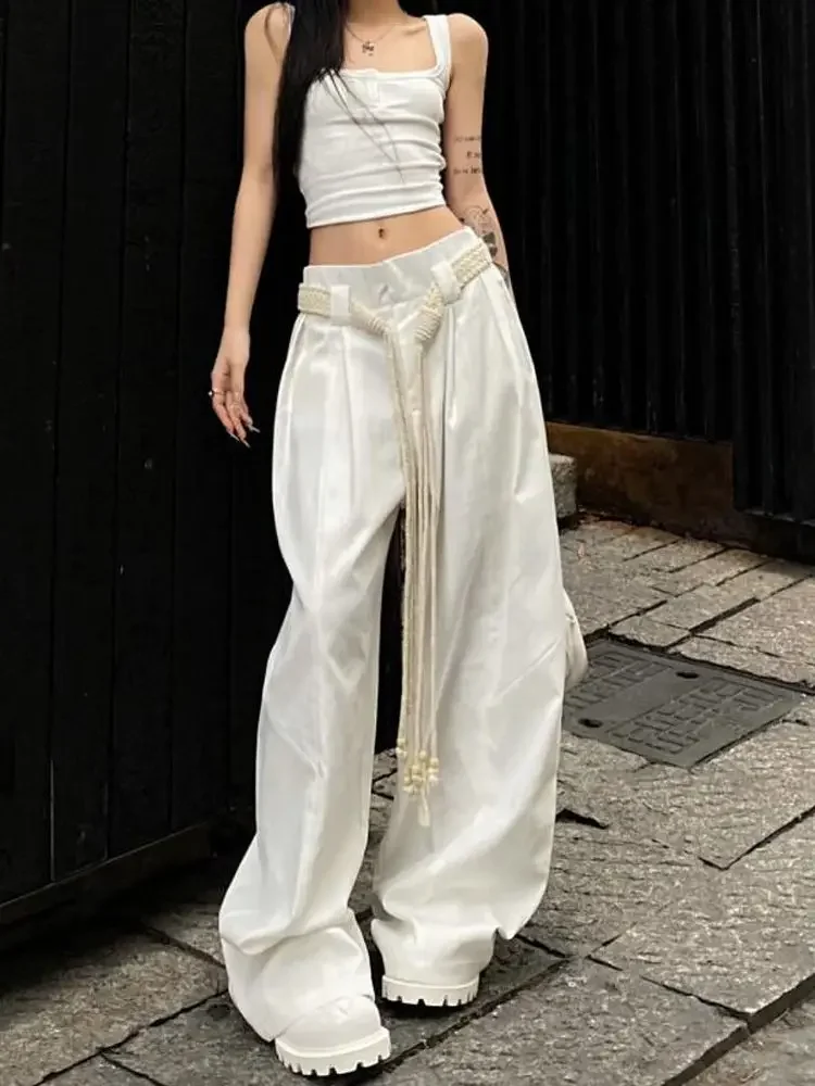 American High Street Y2k Pleated Wide Leg Pants Women Fashion Slacks Draped Loose Mop Pants White Casual Base Long Trousers 2025