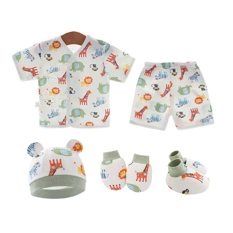 0-6 Month Cotton Newborn Clothes Set Tops Pants Hat Gloves Socks Summer Outfit Infant Baby Clothing New Born Accessories