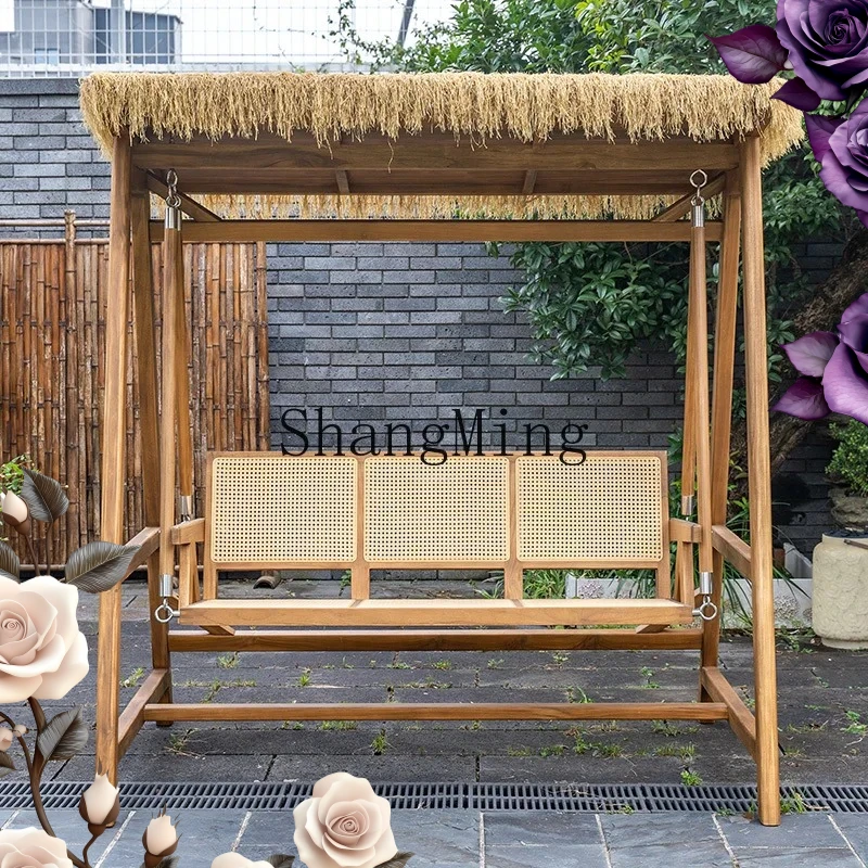 

FG Outdoor Courtyard Garden Outdoor Swing Chinese Villa Yard Solid Wood Triple Rocking Chair