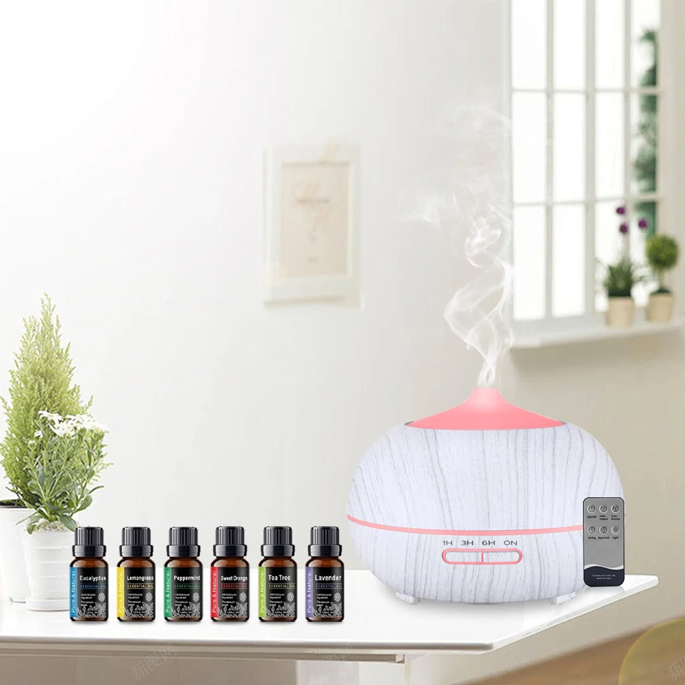 

Diffuser For Home 550ml Wood Grain Essential Oil Diffuser with Remote 7 Colors Ultrasonic Mist Includes 6 Oils for Aromatherapy