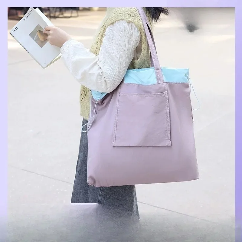 Foldable Drawstring Shopping Bag with Large Capacity and lightweight Single Shoulder Tote Bag for Easy Carrying and Storage