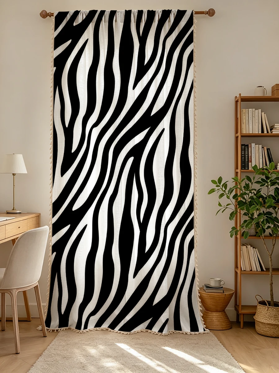1PC Animal Tassel Sheer Curtains, Black White Zebra Stripe, Digital Print, Linen Polyester, Bedroom Living Room, Home Decor