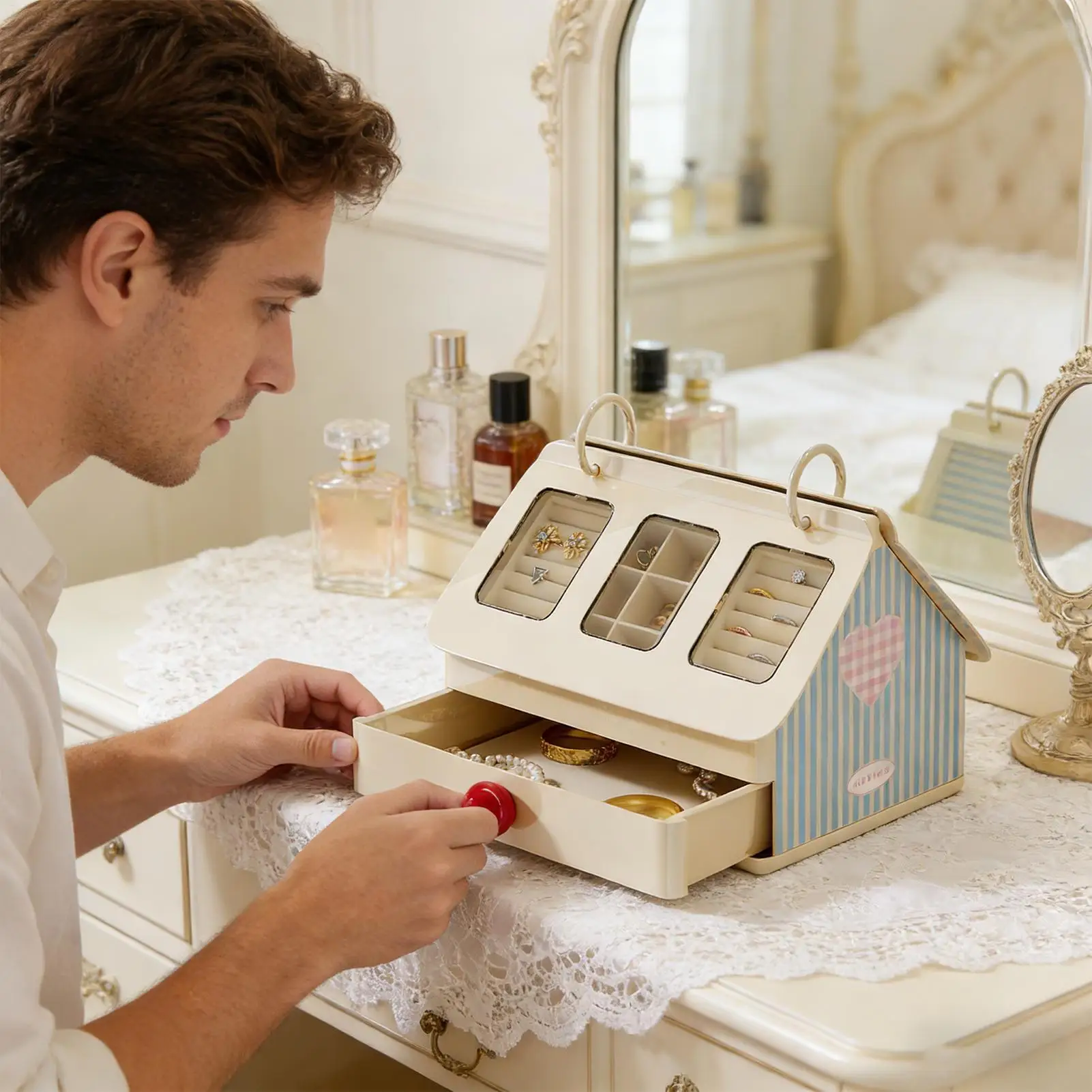 

Шкатулка для украшений в форме домика, многофункциональный органайзер с выдвижным ящиком для серег и других украшений для женщин, детей и всей семьи