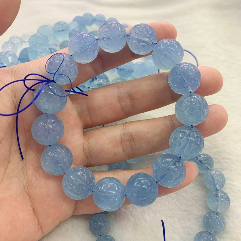 

Jewelry Aquamarine Bracelet Handmade Carved Fret Beads Diy