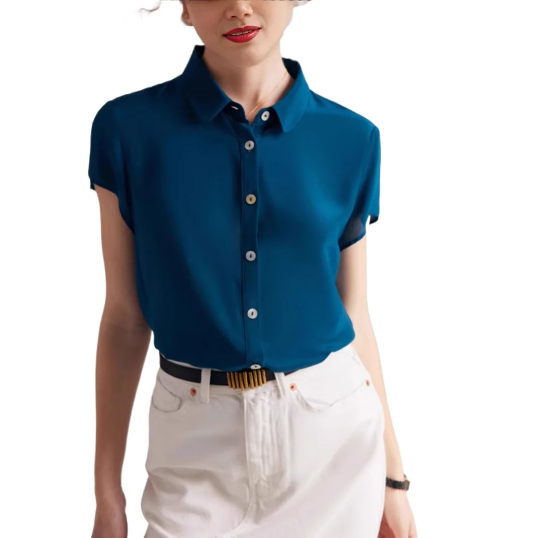 

2025 Spring Summer New Women's Short Sleeve Silk Shirt 100% real Silk | Lapel Loose Casual Blouse Solid Color Elegant Top