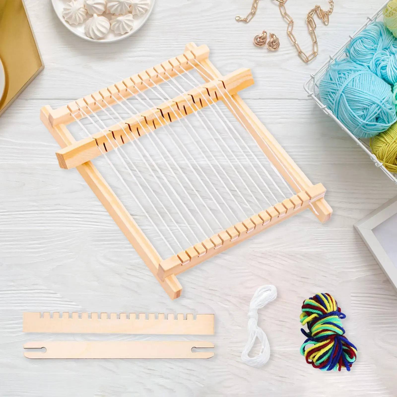 Kit de telares de madera para tejer, máquina de tejer con hilos, telar portátil hecho a mano para tapicería, manualidades DIY para tejer bufandas, gorros y mantas