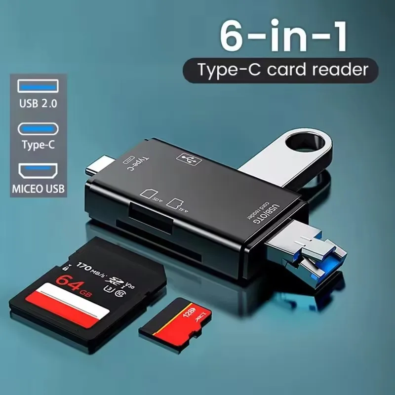 1-4pcs 6-In-1 Type-C USB Card Reader, Flip Cover To Micro Adapter For Smartphones And Computers, USB2.0 OTG Card