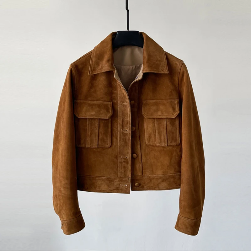 Giacca da donna in vera pelle di capra importata Giacca casual corta in pelle scamosciata monopetto femminile retrò marrone/caffè Cappotti di pelle di pecora Top