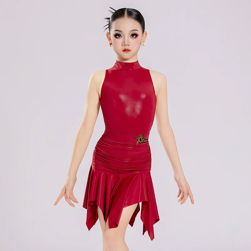 Burgundy Latex Sleeveless Bodysuit and Irregular Skirts Kids Girls Latin Dancewear Summer Performance Children Training Costume