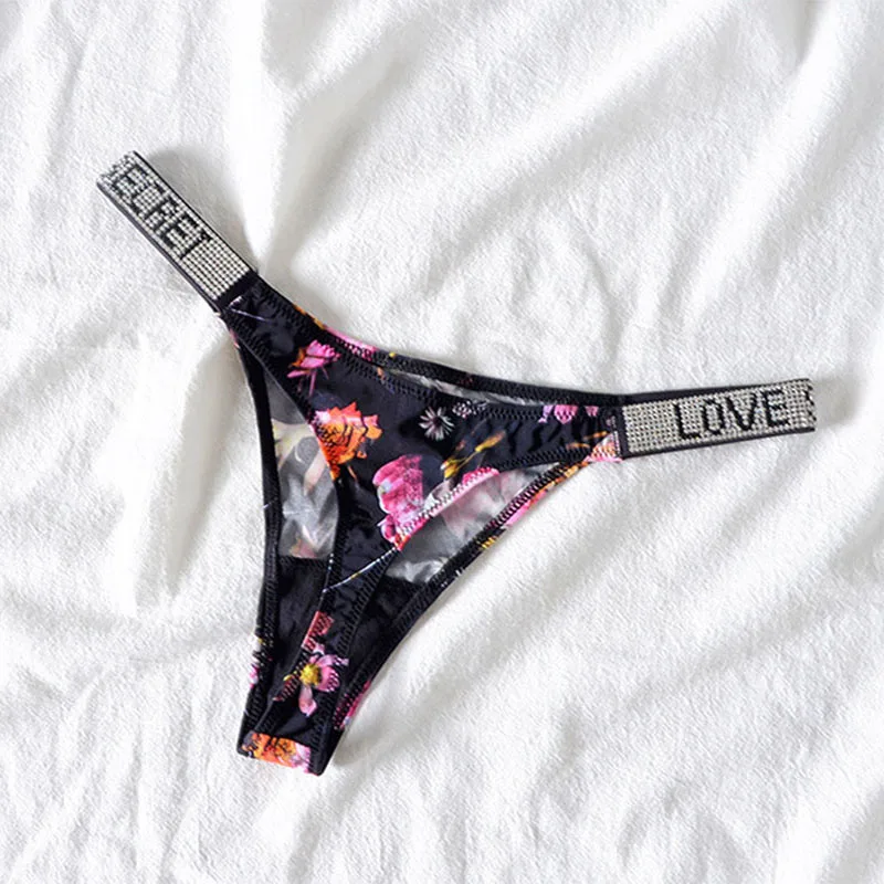 LOVE Logo Letter Women Shiny Rhinestone Thong Low Waist Panties Sexy Underwear Ladies Briefs Seamless Underware Lingerie Panty