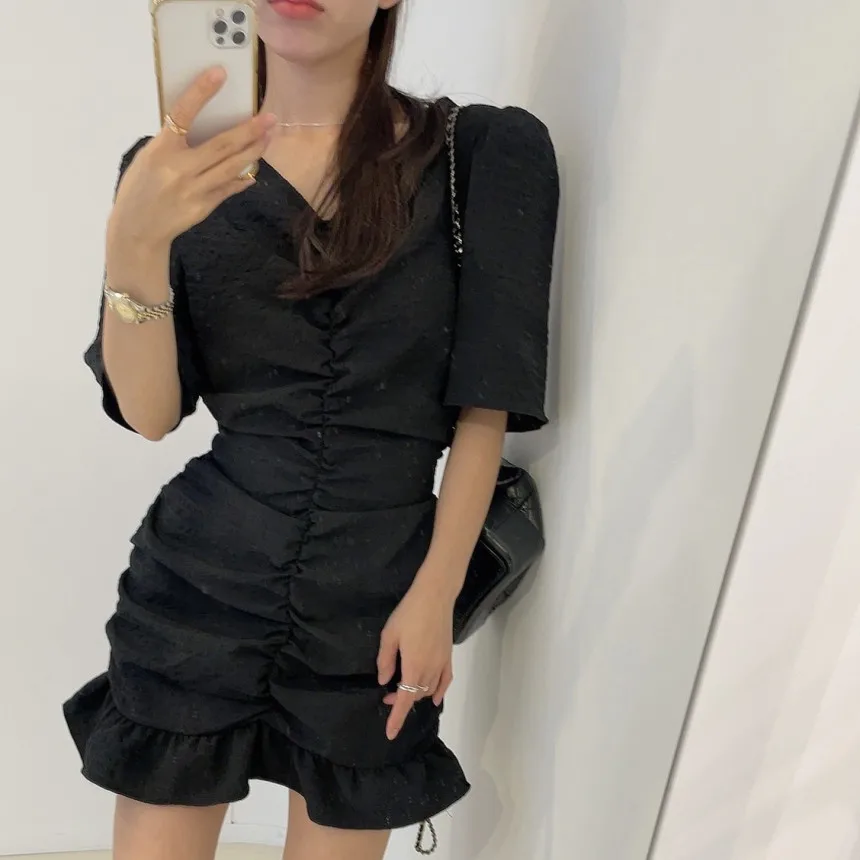 

Ruffle Hem Elastic Backless Gown Korean Style Women's Dress Spring Autumn Winter Regular Fit Inner Wear Casual Street Style