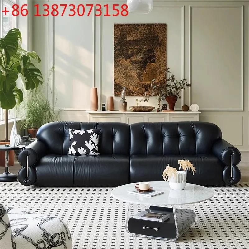 

Italian minimalist leather sofa first layer cowhide cream wind clouds living room retro light luxury straight row medium