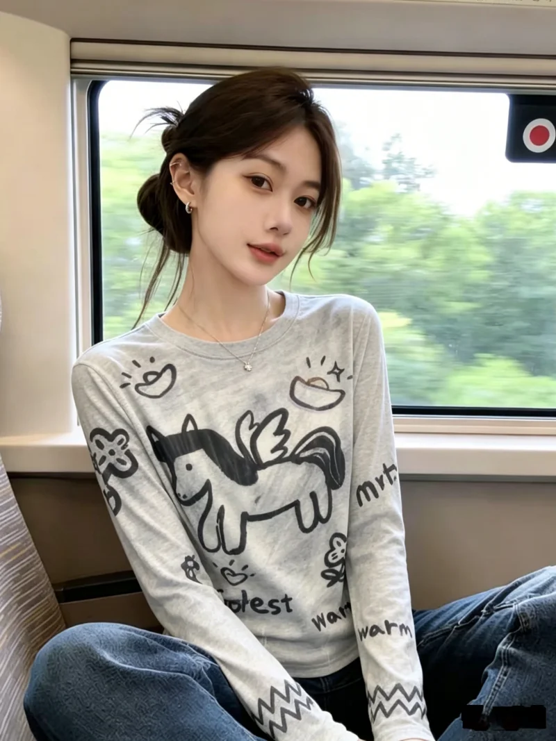 

Long Sleeve Mesh T-Shirt Women's Summer Fashionable Casual Top Graffiti Print Self-Keeping Style Korean Version Straigh...