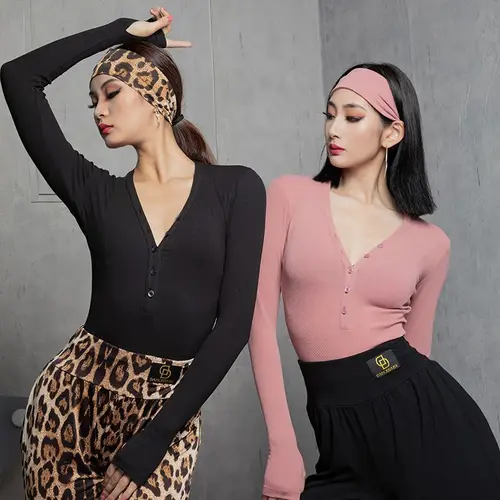 Imagen 2 del producto Body de baile latino para mujer, Top Sexy de manga larga con cuello en V, traje de baile de salón para mujer, camisas de práctica, body