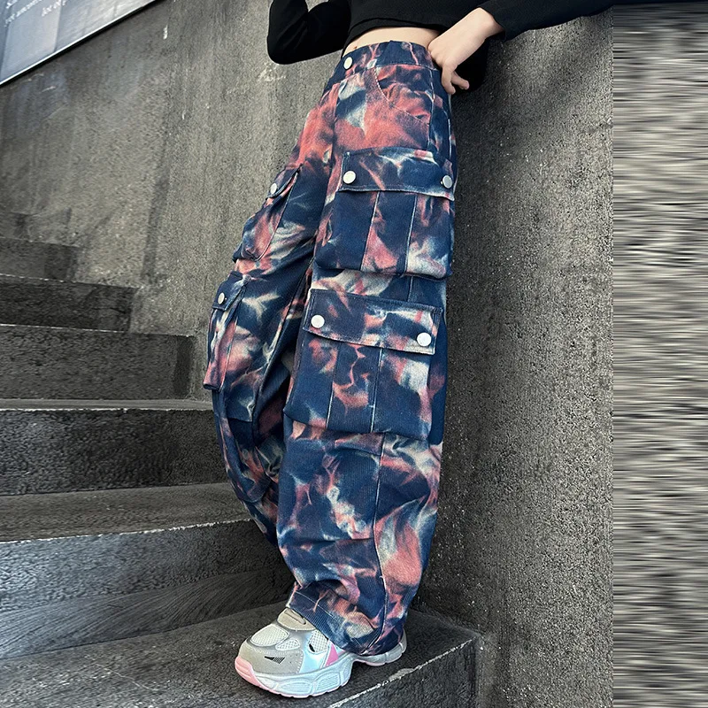 Junior Girls Casual tie-dyed Hip Hop cargo pants teen kids Dance Wide leg pants children clothes Multiple pockets trousers 10 14