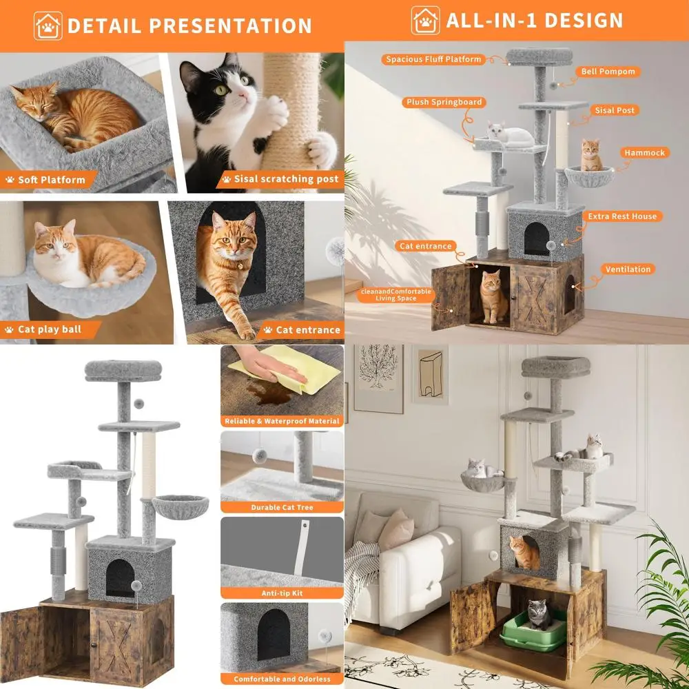 

Modern 2-in-1 Cat Tree with Litter Box Enclosure, Multi-Level Wooden Condo, Scratching Post, and Hammock in Rustic Brown