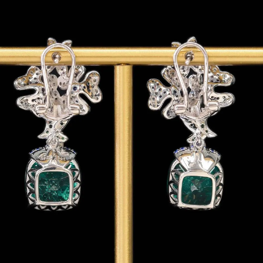 KQDANCE 925 Sterling Silver Flower Design Drop Earrings Cushion Artificial Emerald Luxury Fine Jewelry For Women Party Gifts