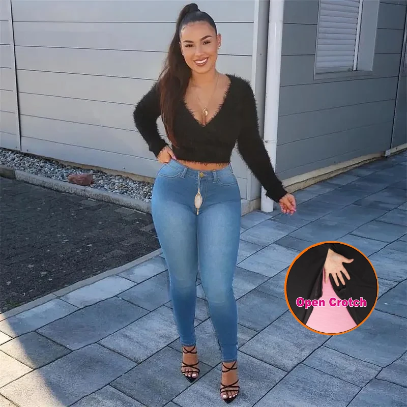 Outdoor Full Zipper Crotch Jeans Women's Tights Invisible Open Outdoor Couples  No Need Take Convenience Pants Sexy
