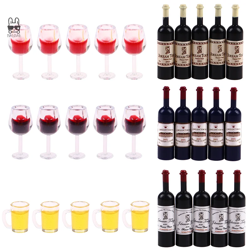 Mini bouteille de vin pour la décoration de la maison, accessoires miniatures, bière simulée, boissons, modèle de bouteille, jouet pour beurre, maison de courses, 5 pièces, 1:12