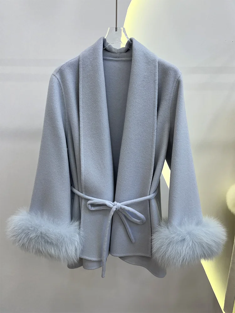 

2025 Winter Women Natural Fox Fur Cuffs Coat Wool Jacket Woolen Real Ladies Outwear Female Coat Luxury Jacket