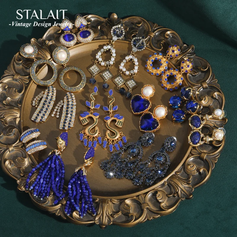 

Vintage Blue Earrings Crystal Gold Color Circle Dangle Woman Luxury Dubai Jewelry Designer Wedding Accessories New In 2025 Trend