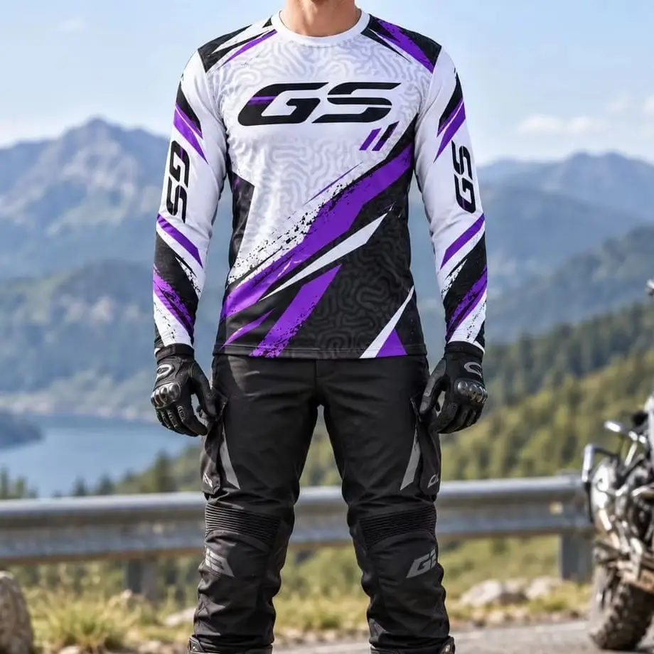 GS Mens Long Sleeve Motorcycle Jersey Summer Riding Shirt Purple Black Graphic Racing Style Quick Dry Unisex MX Enduro Off Road