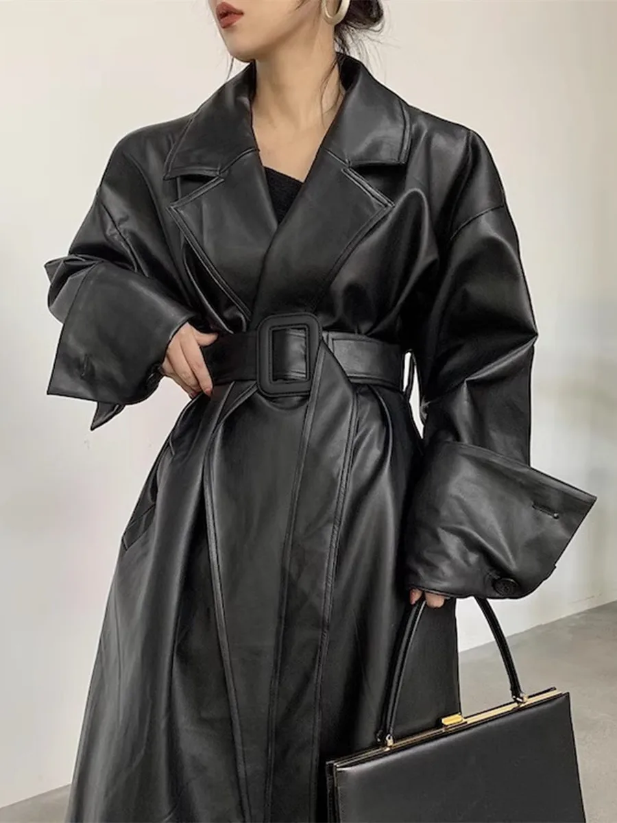Brown Leather Coat With Belt Women\'s Autumn American Retro Black Motorcycle Wear Jacket Medium Length Loose Windbreaker Coat