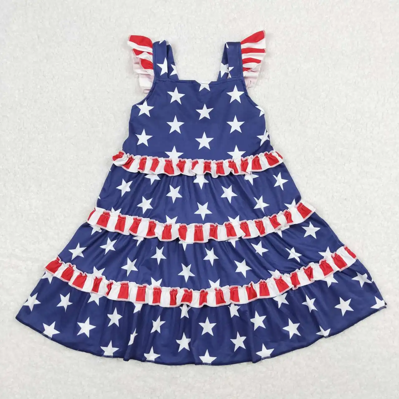 

z910-12 GSD0681 girls dresses 4th of July Red white striped star flying sleeve dress Wholesale Summer Boutique baby girls dress