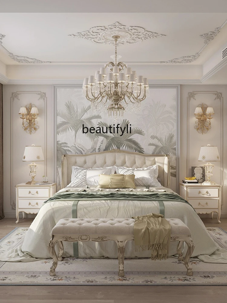 French Royal Style Solid Wood Bed 1.8M Master Bedroom Luxury Fabric Craft Princess Bed Vintage Cream White